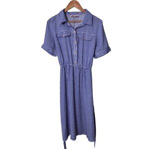 Blue & White Striped Shirt Dress By Love Blossom Button Front Elastic Waist Shor